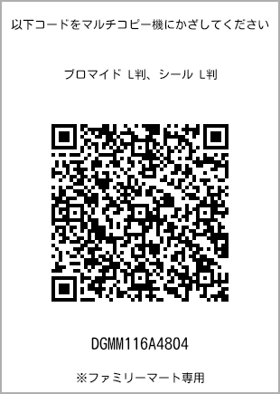 サイズブロマイド L判、プリント番号[DGMM116A4804]のQRコード。ファミリーマート専用